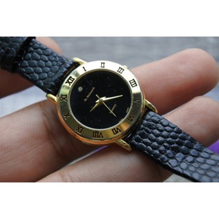 นาฬิกา Vintage มือสองญี่ปุ่น ST.BERNARD ระบบ QUARTZ ผู้หญิง ทรงกลม กรอบทอง หน้าดำ หน้าปัด 26mm