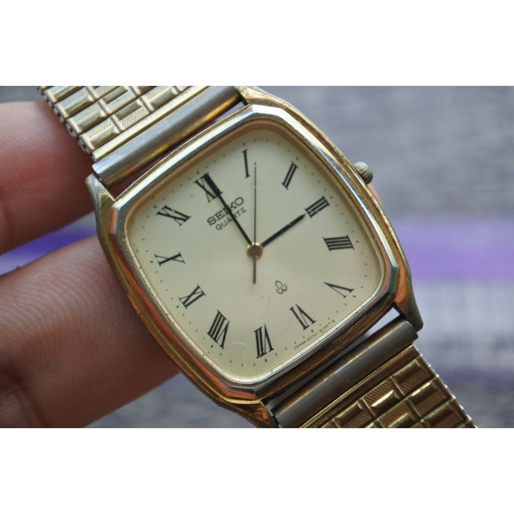 นาฬิกา Vintage มือสองญี่ปุ่น SEIKO 630 5190 ชุบทอง ระบบ QUARTZ ผู้ชาย ทรงสี่เหลี่ยม กรอบทอง หน้าปัดตัวเลขโรมัน 32มม