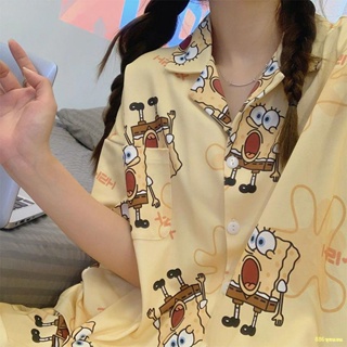 ❤จัดส่งทันที❤ชุดนอนสตรีการ์ตูน SpongeBob SquarePants พิมพ์แขนสั้น Cardigan Homewear Set