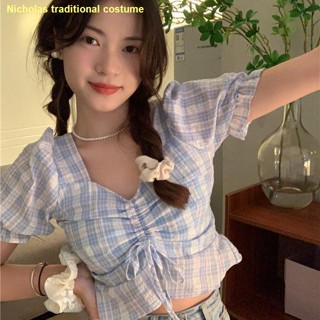 🌴จัดส่งทันที🌴2023 ใหม่คอวี Drawstring ใหม่เสื้อเชิ้ตแขนสั้นผู้หญิง