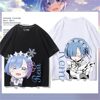 สะดวกสบาย แนวโน้ม ♗Re:Zero เสื้อยืดแขนสั้นอะนิเมะ Ramrem Emilia แขนสั้นเสื้อยืดผ้าฝ้ายพิมพ์ลายบางและสวมใส่สบาย