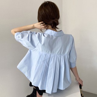 พร้อมส่ง✨แฟชั่นเกาหลี เสื้อทำงาน สีทึบ สไตล์วิทยาลัย แขนสั้น จับจีบ เสื้อเชิ้ตตุ๊กตาหลวม เสื้อแขนพอง เสื้อปก