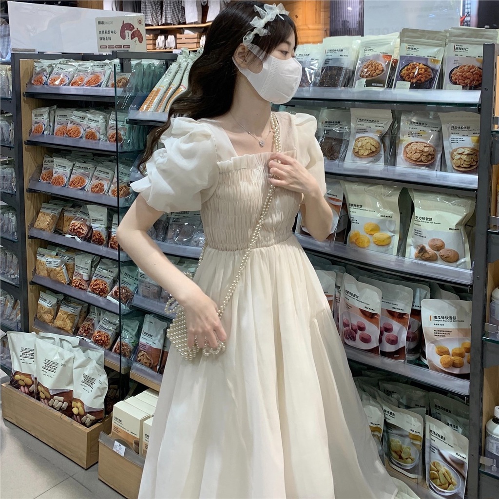 💜S-XL เวอร์ชั่นเกาหลีขนาดใหญ่คอสี่เหลี่ยมตาข่ายสาวแขนพัฟจับจีบเดรสทรงเอเอวแคบสลิมแฟชั่นอารมณ์สีแอปริคอทกระโปรงยาว