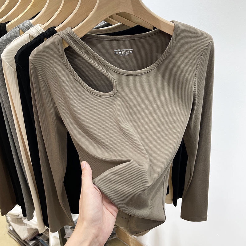 เสื้อยืดแขนยาวเซ็กซี่ ขนาดใหญ่ สีกาแฟ แฟชั่นสไตล์เกาหลี สําหรับผู้หญิง