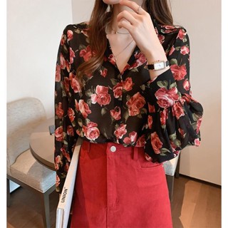 🌷พร้อมส่ง 🌷S-4XL;ดอกไม้; เสื้อเชิ้ต; ผู้หญิง; ใหม่; ย้อน ยุค; หย่อน; หุ้ม; แขนยาว ผ้าชีฟอง; เสื้อเชิ้ต; สีดํา / แอปริค