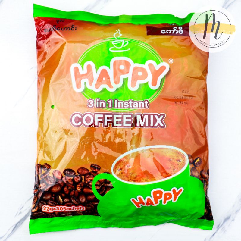 Happy မူလ လက်ဟောင်း အသင့်ဖျော်ကော်ဖီမစ် ထုပ် ၃၀ ပါ. แฮปปี้ คอฟฟี่มิกซ์ 3in1 _ 22g x 30 ซอง. Happy Co