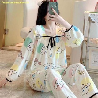 จัดส่งทันที🌊ชุดนอนสตรีบางโบว์โบว์คอแขนยาวสูทการ์ตูนน่ารักหลวมHomewear