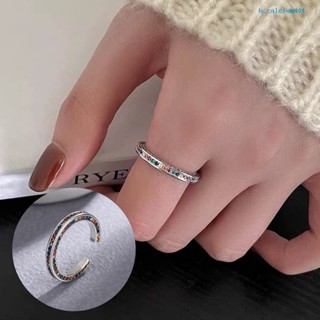 Calciumps Women Ring Open Adjustable Polished Silver Color Shiny Rainbow Rhinestone Inlaid Finger Ring