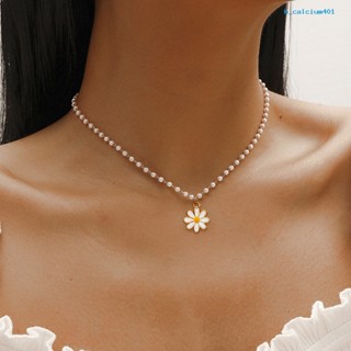 Calciumsp Women Necklace Oil-dropping White Flower Temperament Shiny Faux Pearl Beaded Chain Pendant Necklace