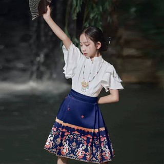 ** Hanfu * ชุดเสื้อแขนสั้น กระโปรงม้า แบบบาง สไตล์จีนโบราณ แฟชั่นฤดูร้อน สําหรับเด็กผู้หญิง