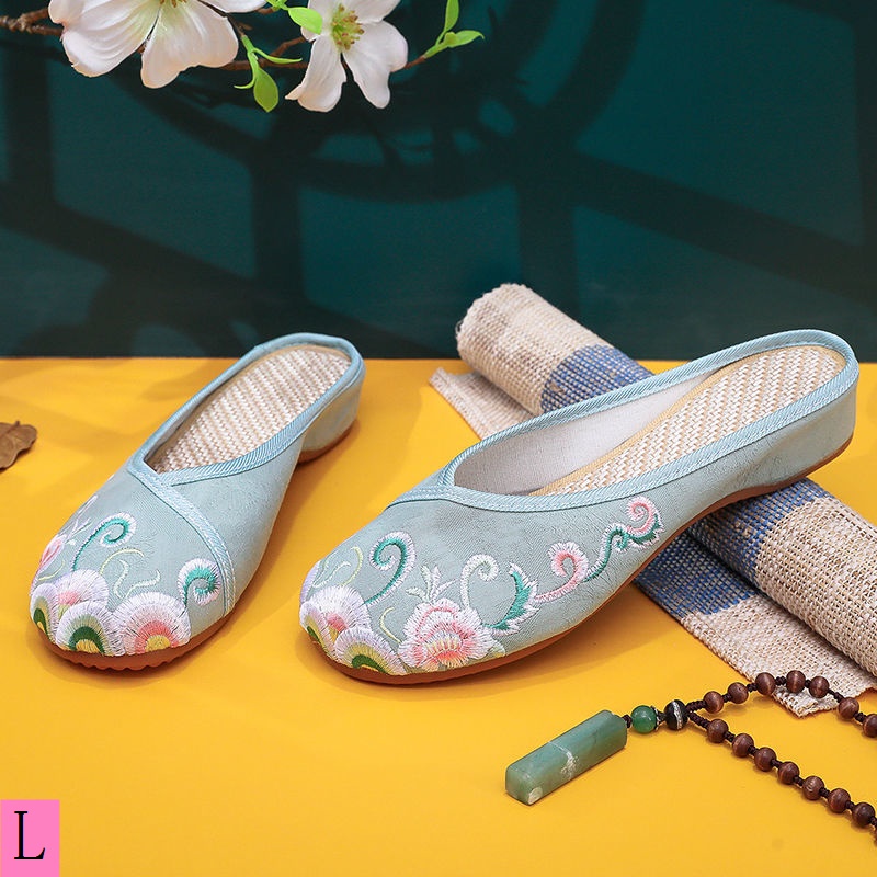 รองเท้าแตะ ผ้าลินิน ปักลาย กันลื่น สไตล์ปักกิ่งย้อนยุค