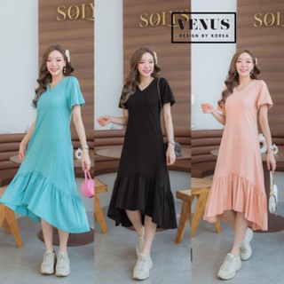 🏷️📌เดรสคอวีผ้าพื้น ช่วงชายแต่งระบาย แต่งแขนพอง เนื้อผ้าใส่สบายนะคะ