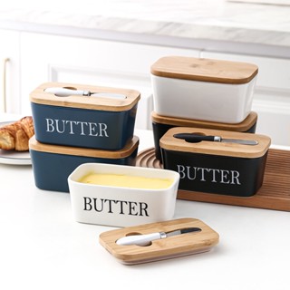 【จัดส่งในไทย】เซรามิคจานใส่เนยกล่องฝาไม้ขนาดใหญ่ Large Butter Dish with Lid Ceramics Butter Keeper Container with Knife a