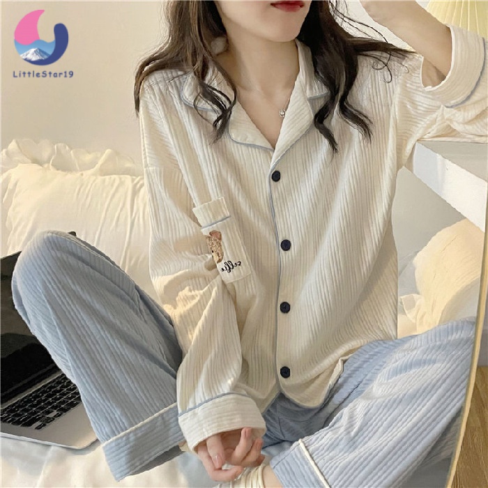 Women's pajamas ลายใหม่ฮิต ชุดนอนคอตต้อน ผ้าคอตตอน แขนขายาว ขายดีที่สุด ชุดนอนสไตล์เกาหลี ผ้านิ้ม ไม่บาง ผ้าดีมาก