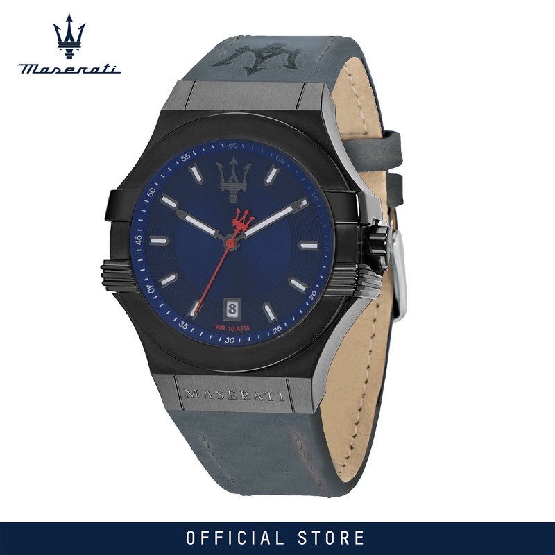 【2 Years Warranty】 Maserati Potenza 45mm Blue Leather Strap Men's Quartz นาฬิกาข้อมือ R8851108021