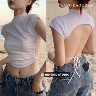 WANG JIAO ZHAN เสื้อยืดแฟชั่น เสื้อยืดเว้าหลัง เสื้อยืดสายเอี๊ยมผู้หญิง เนื้อผ้าดี สัมผัสนุ่ม