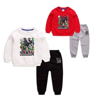 **ใหม่ ชุด** Autumn 8 Colors Kids Long Sleeve T-Shirt Cotton Minecraft Cartoon Sweater+ Pants Set