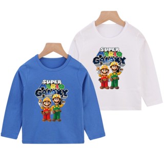 เสื้อยืดแขนยาวผ้าฝ้ายพิมพ์ลายการ์ตูน Super Mario Bro สําหรับเด็ก 8 สี