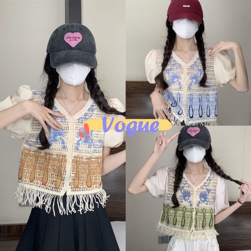 Vogue พร้อมส่ง เสื้อแขนสั้นไหมพรมแขนผ้าชีฟอง ถักลายทั้งตัว (CX0005) -C