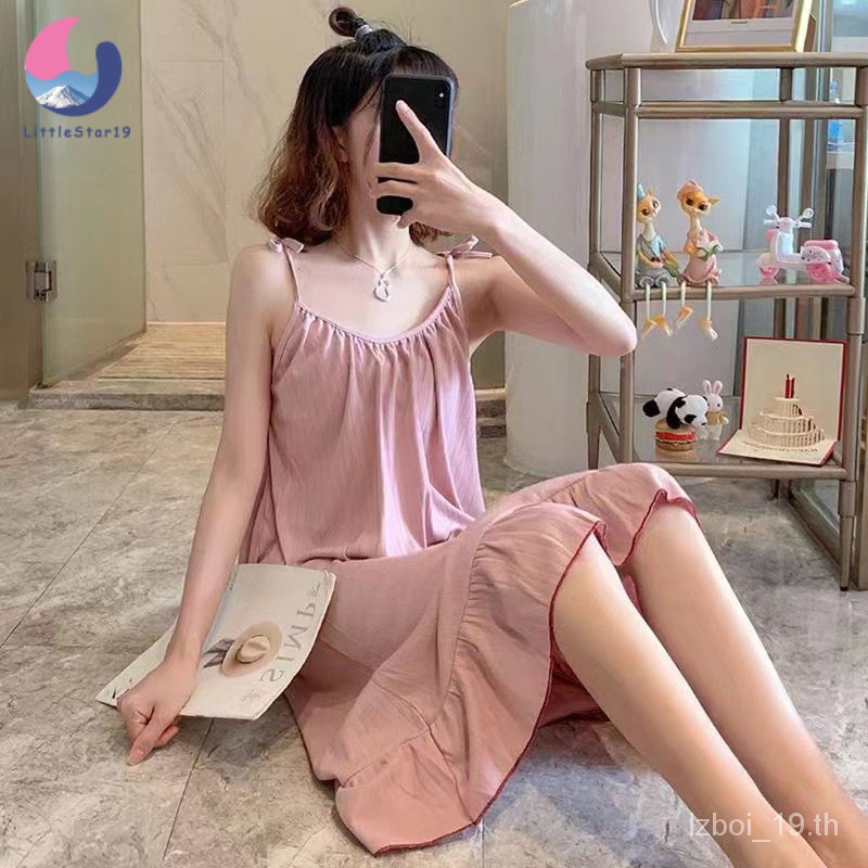 ชุดนอนกระโปรงผูกไหล่ ชุดนอนเดรสน่ารัก 4 สี Free size ไซส์ใหญ่ใส่ได้ Women's pajamas 【LittleStar19】