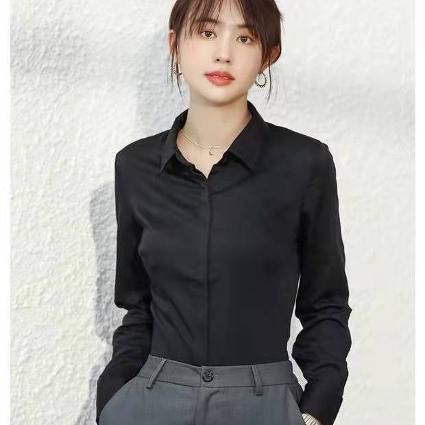 เสื้อเชิ้ต แขนยาว ทรงสลิมฟิต สีดํา แบบมืออาชีพ ใส่ไปทํางาน สําหรับผู้หญิง