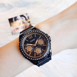 ⌚⌚นาฬิกข้อมือผู้หญิง NEW Guess Womens  Sporty Black Watch with Black Dial , Crystal-Accented Bezel