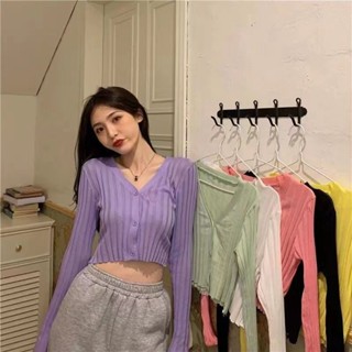 เสื้อคาร์ดิแกน ผ้าถัก กันแดด แต่งกระดุม สีรุ้ง แบบบาง สําหรับผู้หญิง