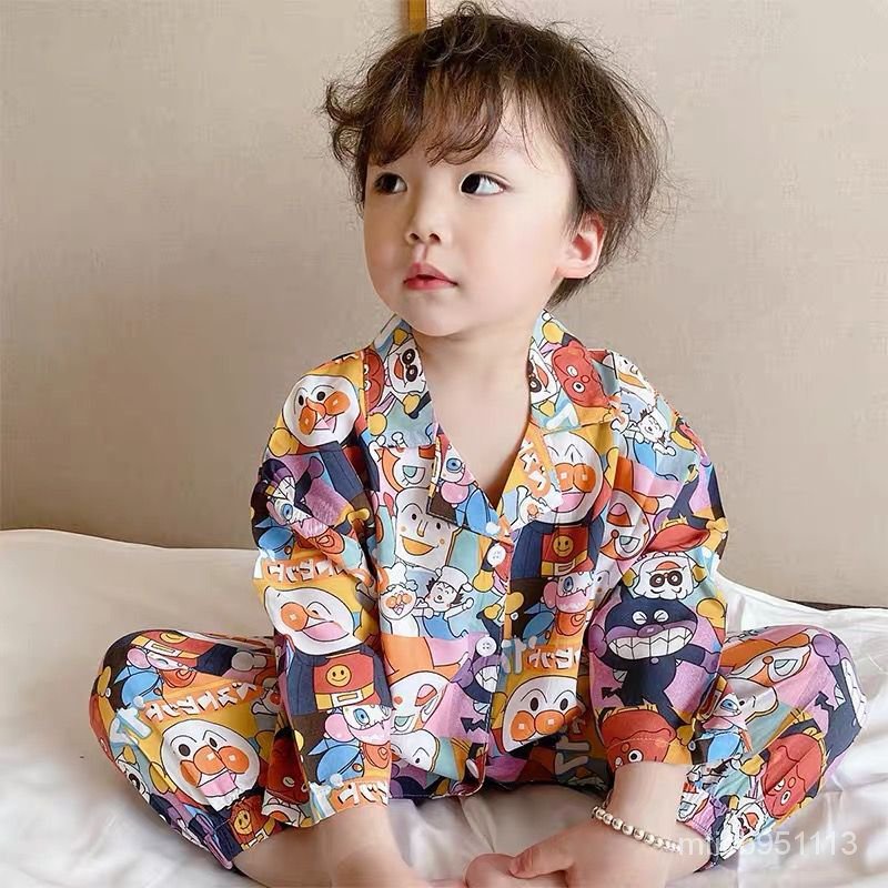 ชุดนอนเด็กฤดูใบไม้ร่วงรุ่นใหม่การ์ตูนพิมพ์ลายสไตล์เกาหลีชุดใส่ในบ้านแขนยาวสองชิ้นสำหรับเด็กโต