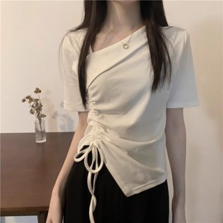 ใหม่ เสื้อยืดแขนสั้น คอวี สีขาว สไตล์เกาหลี ผูกเชือกเอว แฟชั่นสําหรับผู้หญิง