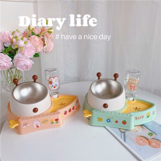 ✑﹊☌Cat Bowl Double Bowl Cute Girl Heart Pet Bowl Cartoon Dog Drinking Fountain Dog Bowl Food Basin Bee Cat Water Bowl