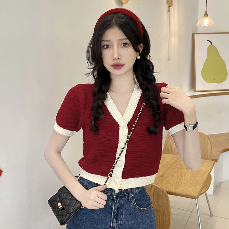Gugu .L～เสื้อยืดแขนสั้น ประกบกันสีบางเฉียบรุ่นสั้นแขนสั้น เวอร์ชั่นเกาหลีเก๋อ่อนโยนเสื้อสเวตเตอร์แขนสั้น#VL00119