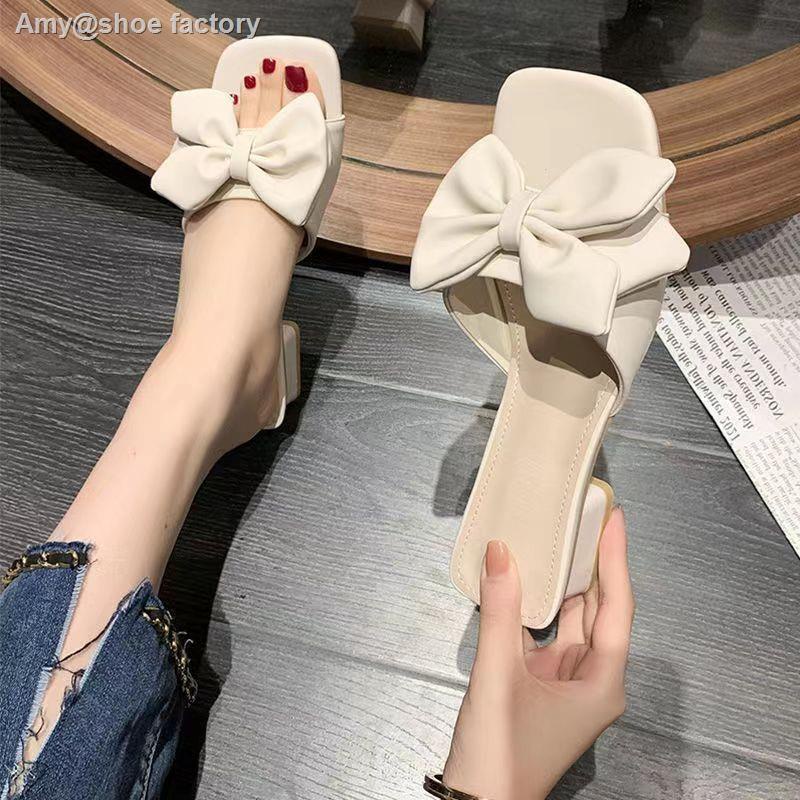 พร้อมส่ง 34-43 รองเท้าส้นสูงฝรั่งเศสสีขาว, รองเท้าแตะกลวง, ส้นหนา, สีพื้น, นิ้วเท้าตาราง, โบว์, หวาน, ลำลอง, มืออาชีพ,