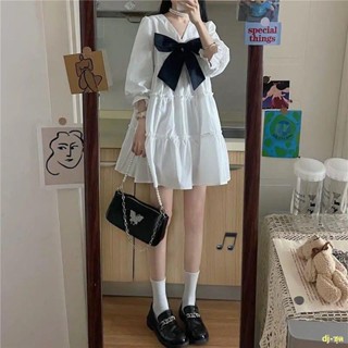 พร้อมส่ง #🌟ชุดเดรส New French Bow Knot Dress Cute Slim Puff Sleeve Dress