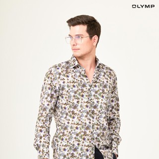 OLYMP GREEN CHOICE LUXOR Shirt เสื้อเชิ้ตชายรักษ์โลก สีขาว พิมพ์ลายดอกไม้ สีม่วง-เขียว ทรงหลวม ใส่สบาย รีดง่าย