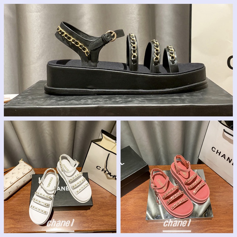 Chanel Women s Sandals Flat Chain Thick Sole 4cm ผ้าใบเซ็กซี่และสวยงาม + หนังแกะแฟชั่นเพิ่มรองเท้าผู้หญิง