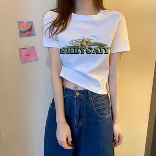 เสื้อครอปผู้หญิงมินิมอล เสื้อเอวลอยพิมพ์ลาย แจ๊สเต้นรอบคอสูงเอวเปิดสะดืออเมริกันสั้นด้านบน