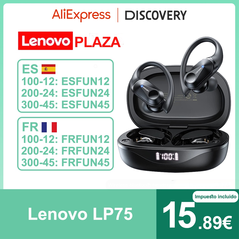 หูฟังเกมมิ่ง หูฟังไอโฟน หูฟังบลูทูธ Lenovo LP75 Sports, BT 5.3, พร้อม Power Display และหูฟังไร้สายแบ