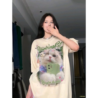 พร้อมส่ง #🔥เสื้อยืดแขนสั้นพิมพ์ลาย American cat สำหรับผู้หญิง เสื้อยืดคอกลมสไตล์เกาหลีหลวมด้านบน