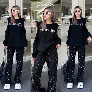 New Arrival !!!! Chicago  Polka Dot Pants Set  เซทเสื้อคอกลมแขนยาว ทรง oversize นิดๆ ดีเทลเปิดช่วงไหล่เพิ่มความเกร๊