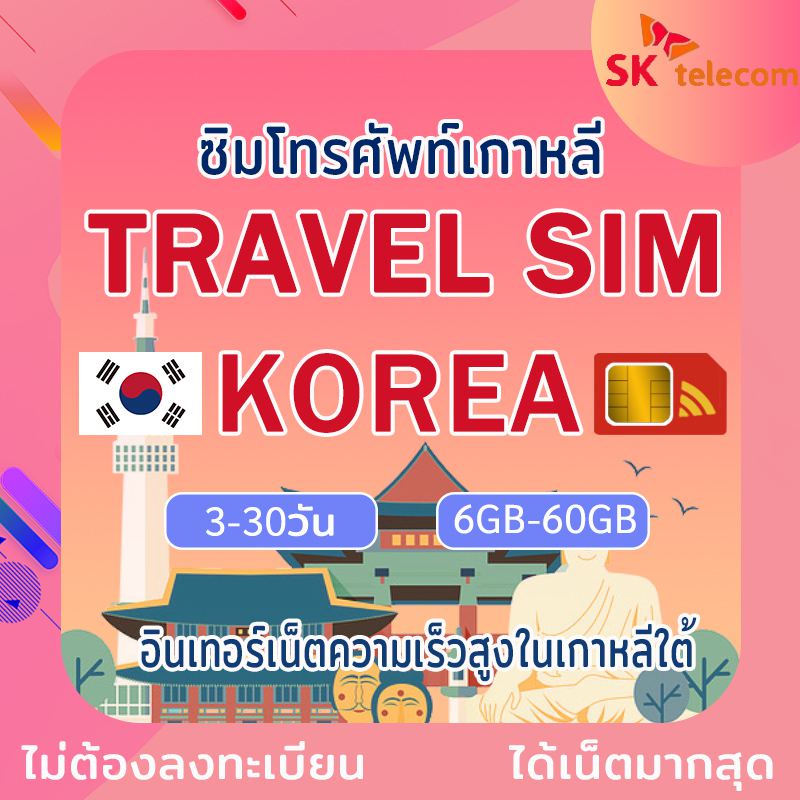 (SKTel 5Gเครือข่ายที่รวดเร็ว) Korea travel sim ซิมท่องเที่ยวเกาหลีใต้ ไม่ต้องลงทะเบียน เสริมทุกวัน1GB/2GB 1วัน~15วัน