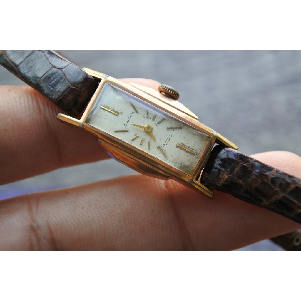 นาฬิกา Vintage มือสองญี่ปุ่น SEIKO ชุบทอง 20MICRON ระบบ ไขลาน ผู้หญิง ทรงสี่เหลี่ยม กรอบทอง หน้าปัด 16มม