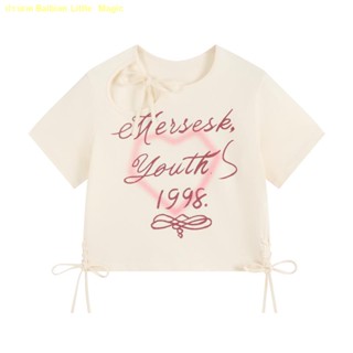 🌜stop🌜แขนสั้น Hollow Bandage Love พิมพ์เสื้อยืดผู้หญิง Cropped Top