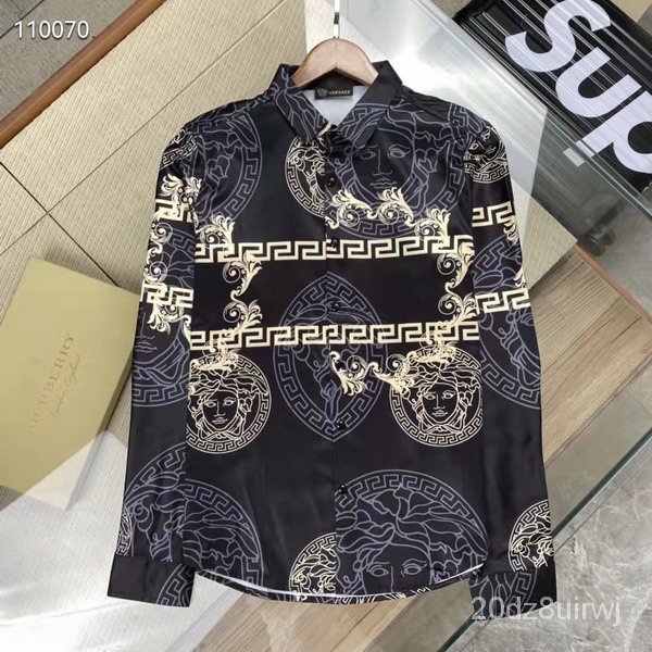 Versace เสื้อเชิ้ตลําลองสําหรับผู้ชายผ้าฝ้ายแขนยาวทรงสลิมสไตล์คลาสสิค