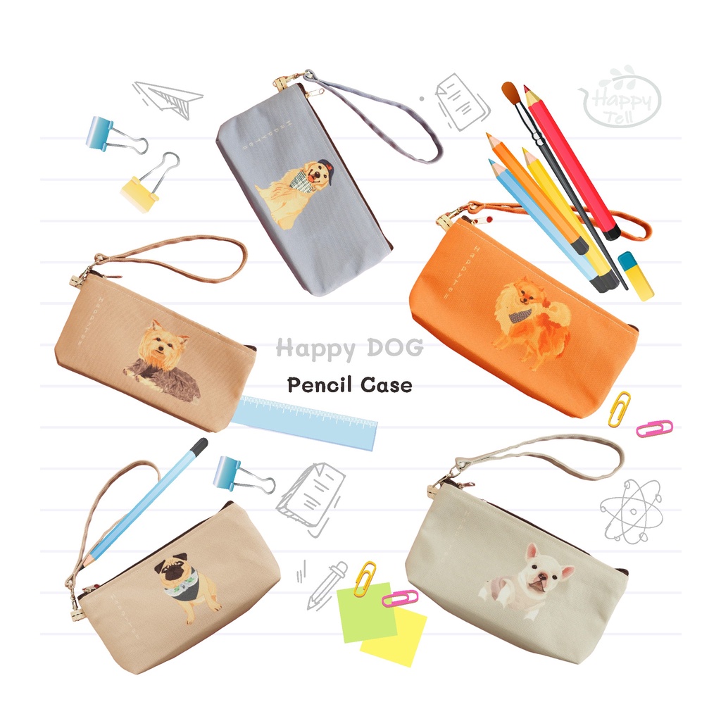 Happy Tell กระเป๋าดินสอ กระเป๋าผ้าแคนวาส Pencil Case ลายลายน้องหมาสุดน่ารัก