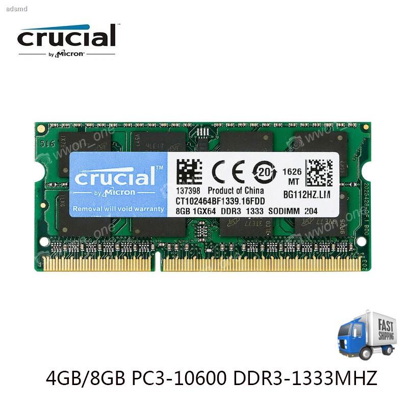Crucial 4GB 8GB PC3-10600 DDR3 1333Mhz 204pin SODIMM RAM Laptop Memory CL11 1.5v
