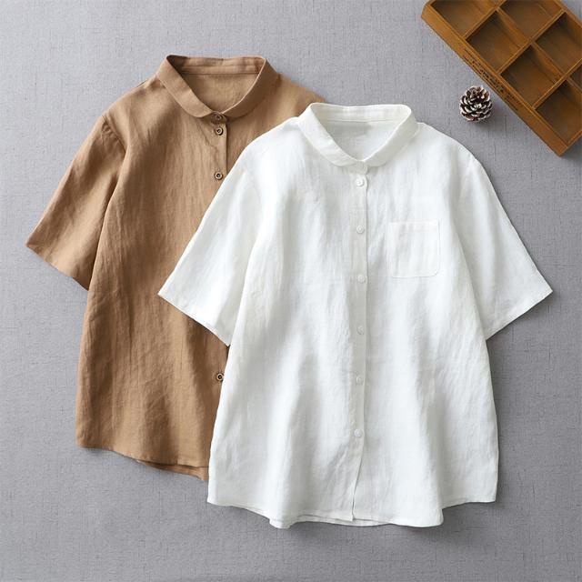 Beautiful scenery✚ↂ เสื้อเชิ้ตผ้าลินินหลวมเสื้อสตรีแขนสั้น
