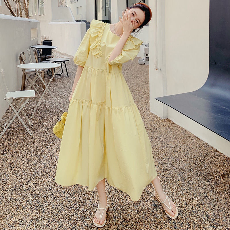 👗S-2XL ไซส์ใหญ่สไตล์ฝรั่งเศสแขนตุ๊กตาสีเหลืองอ่อนแขนพองหรูหราชุดเดรสยาวสไตล์หวานและอ่อนโยนสำหรับหญิงตั้งครรภ์