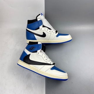 △✖♚Travis Scott x Fragment Air Jordan 1 High OG SP "Military Blue" 2021 รองเท้าบาสเก็ตบอลกีฬารองเท้าผ้าใบผู้ชาย