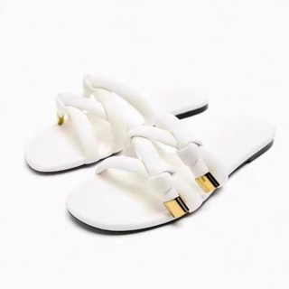 Zara ฤดูร้อน สไตล์ใหม่ TRF รองเท้าผู้หญิง สีเบจ ผ้าห่ม สายรัดข้อเท้า แบน หัวเหลี่ยม ด้านหลัง รองเท้าแตะแฟชั่นเปล่า ผู้หญิง