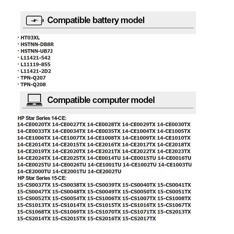 แบตเตอรี่แล็ปท็อป HT03XL สำหรับ HP Star 14 15 TPN-Q207 15-cs0047TX 14-CE HP Notebook 14-dq0011dx แล็ปท็อป HP 14-CE3001NP